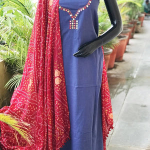 Grey Mirror Work Bandhani Dupatta Set- SSEthnics