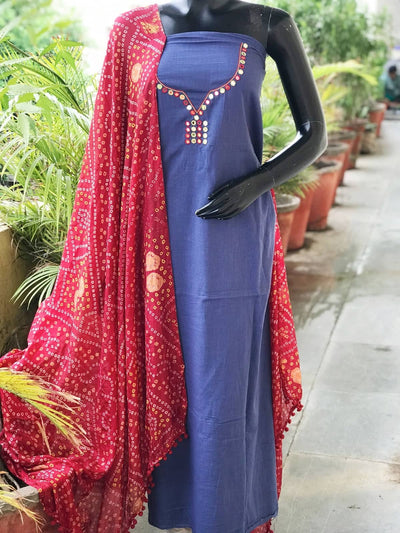 Grey Mirror Work Bandhani Dupatta Set- SSEthnics