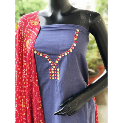 Grey Mirror Work Bandhani Dupatta Set- SSEthnics