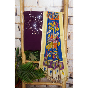 Deep Purple Cotton Mirror Work Pen Kalamkari Dupatta Set — top and dupatta