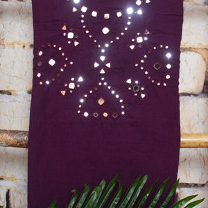 Deep Purple Cotton Mirror Work Pen Kalamkari Dupatta Set — mirror work top detail