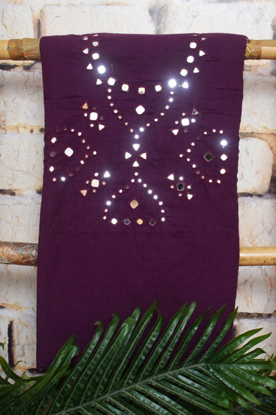Deep Purple Cotton Mirror Work Pen Kalamkari Dupatta Set — mirror work top detail – alternate view