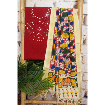 Red Cotton Mirror Work Pen Kalamkari Dupatta Set — top and dupatta