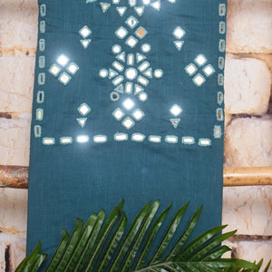 Teal Cotton Mirror Work Pen Kalamkari Dupatta Set — mirror work top detail