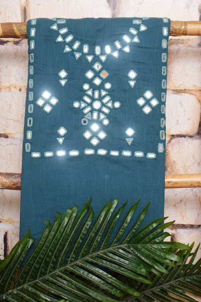 Teal Cotton Mirror Work Pen Kalamkari Dupatta Set — mirror work top detail – alternate view