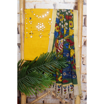 Yellow Cotton Mirror Work Pen Kalamkari Dupatta Set — top and dupatta