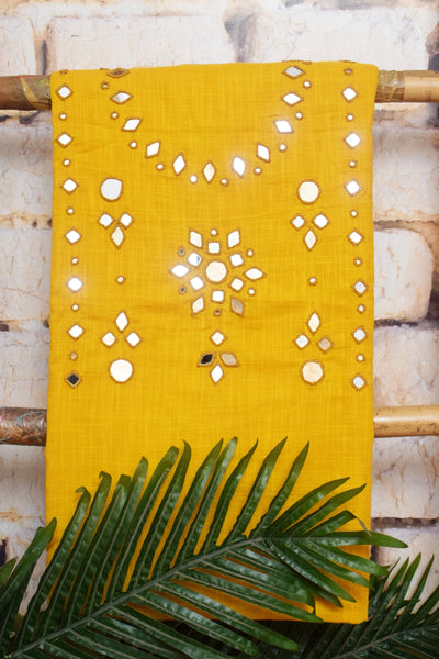 Yellow Cotton Mirror Work Pen Kalamkari Dupatta Set — mirror work top detail – alternate view
