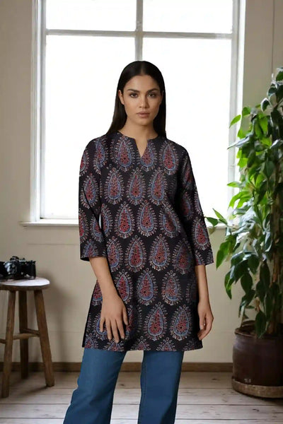 Black Ajrakh Block Print Short Kurti