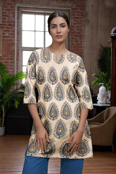 Cream Ajrakh Block Print Short Kurti