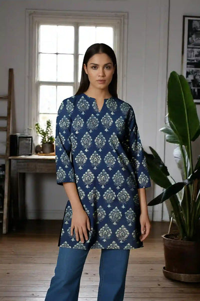 Blue Ajrakh Block Print Short Kurti