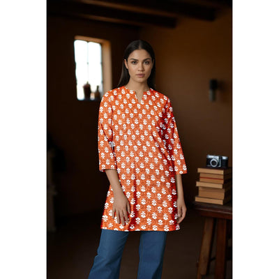 Orange Sanganeri Print Short Kurti