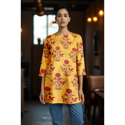 Yellow Sanganeri Print Short Kurti
