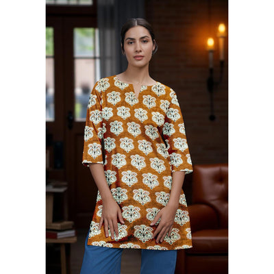 Brown Sanganeri Print Short Kurti