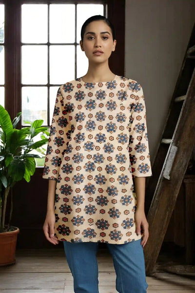 Cream Ajrakh Block Print Short Kurti
