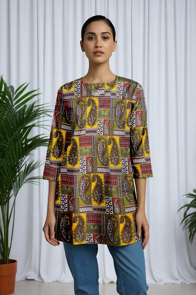 Yellow Kalamkari Screen Print Short Kurti