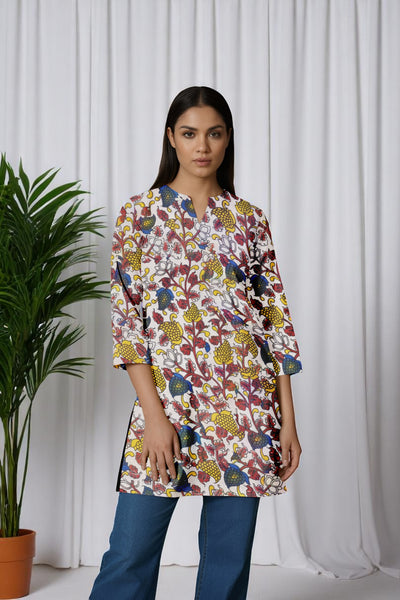 Cream Kalamkari Screen Print Short Kurti