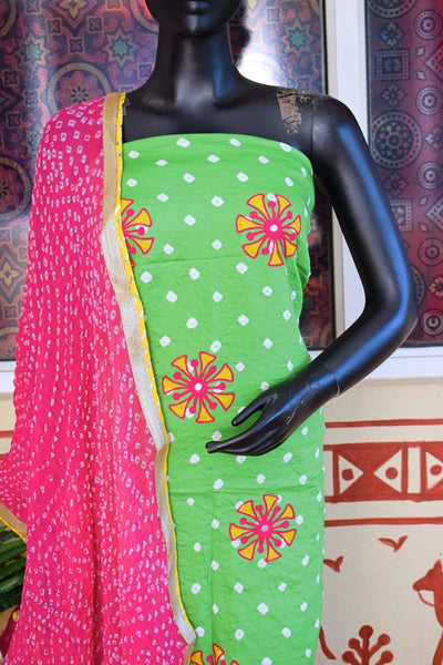 Green Cotton Bandhani Suit with Embroidery