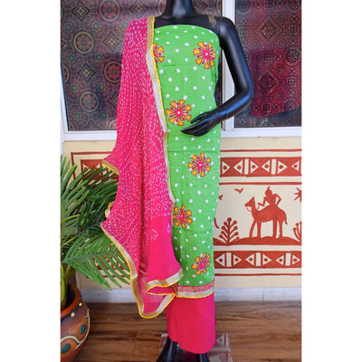 Green Cotton Bandhani Suit with Embroidery
