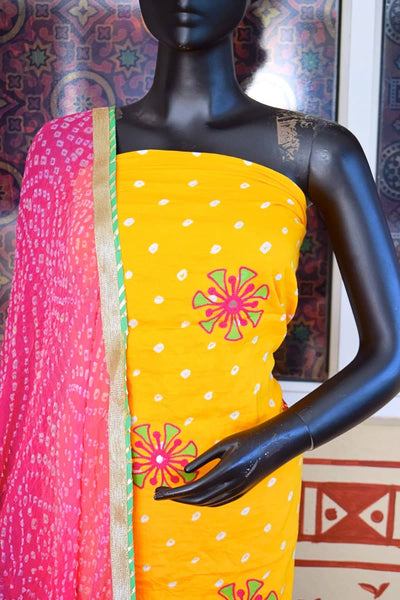 Yellow Cotton Bandhani Suit with Embroidery
