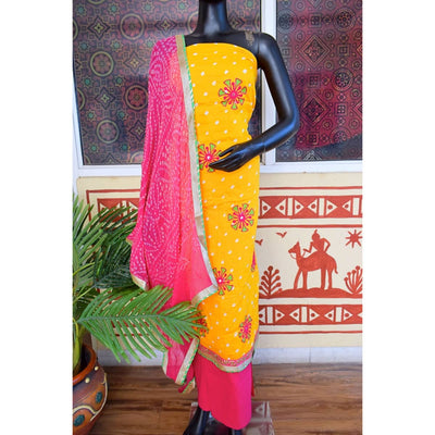 Yellow Cotton Bandhani Suit with Embroidery