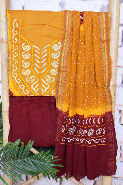 Mustard-Maroon Bandhani Cotton Unstitched Suit