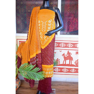 Mustard-Maroon Bandhani Cotton Unstitched Suit