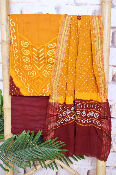 Mustard-Maroon Bandhani Cotton Unstitched Suit