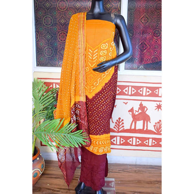 Mustard-Maroon Bandhani Cotton Unstitched Suit