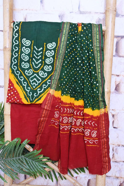 Green-Red Bandhani Cotton Unstitched Suit
