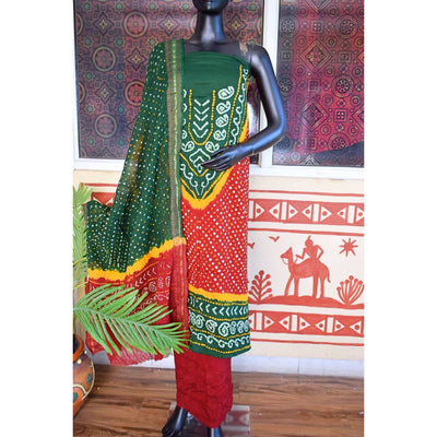 Green-Red Bandhani Cotton Unstitched Suit