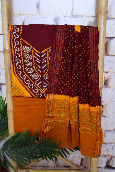 Maroon-Mustard Bandhani Cotton Unstitched Suit