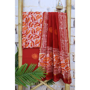 Red Chanderi Silk Handblock Print Unstitched Suit