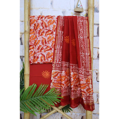 Red Chanderi Silk Handblock Print Unstitched Suit