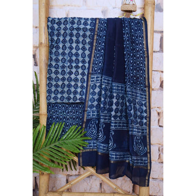 Indigo Chanderi Silk Handblock Print Unstitched Suit