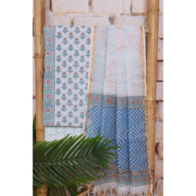 White Jaipuri Block Print Suit with Kota Dupatta