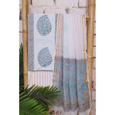 White Jaipuri Block Print Suit with Kota Dupatta