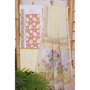 White Jaipuri Block Print Suit with Kota Dupatta