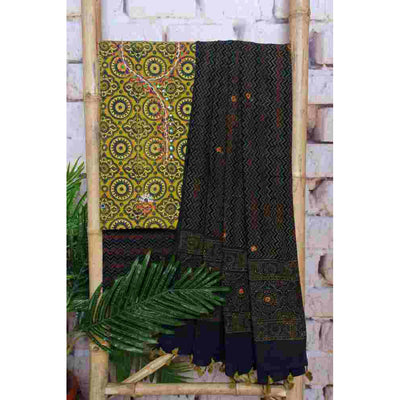 Ajrakh Cotton Suit With Kutch Embroidery