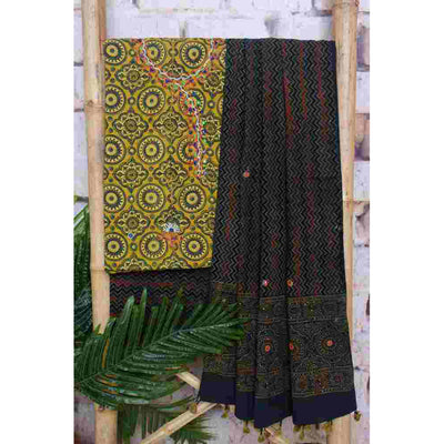 Ajrakh Cotton Suit With Kutch Embroidery