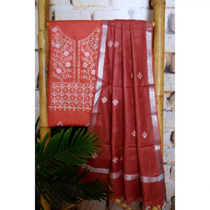 Red Linen Two Piece Embroidered Set