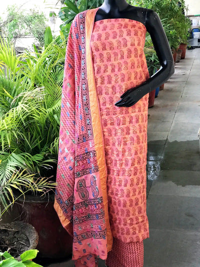 Banarasi Cotton Bagh Block Print Suit with Dupatta
