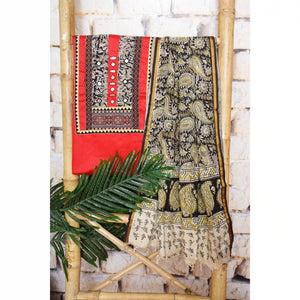 Brown Patchwork Kalamkari Block Print Suit