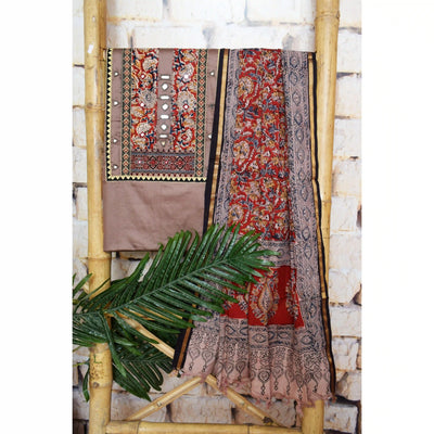 Brown Patchwork Kalamkari Block Print Suit