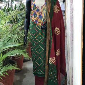 Bandhani Cotton Designer Suit with Pen Kalamkari