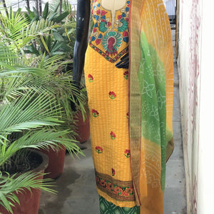 Bandhani Cotton Designer Suit with Pen Kalamkari