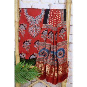 Madder Special Ajrakh Modal Silk Two Piece Set with Nakshi Pallu Dupatta