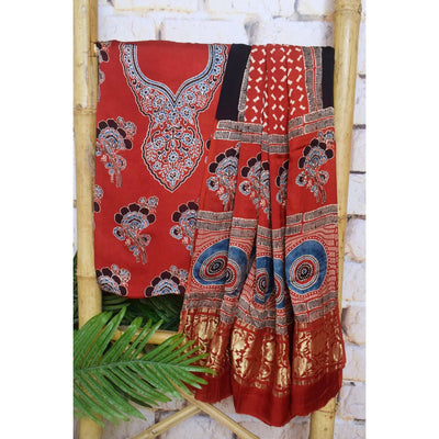 Madder Special Ajrakh Modal Silk Two Piece Set with Nakshi Pallu Dupatta