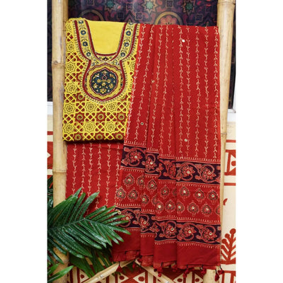 Ajrakh Embroidered Cotton Suit