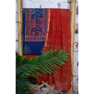 Jaipuri Block Print Suit with Hand Embroidery