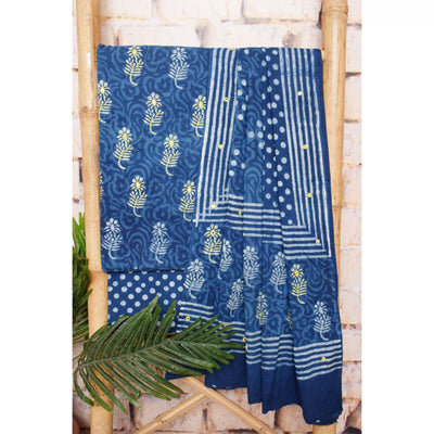 Indigo Dabu Cotton Hand Embroidered Suit